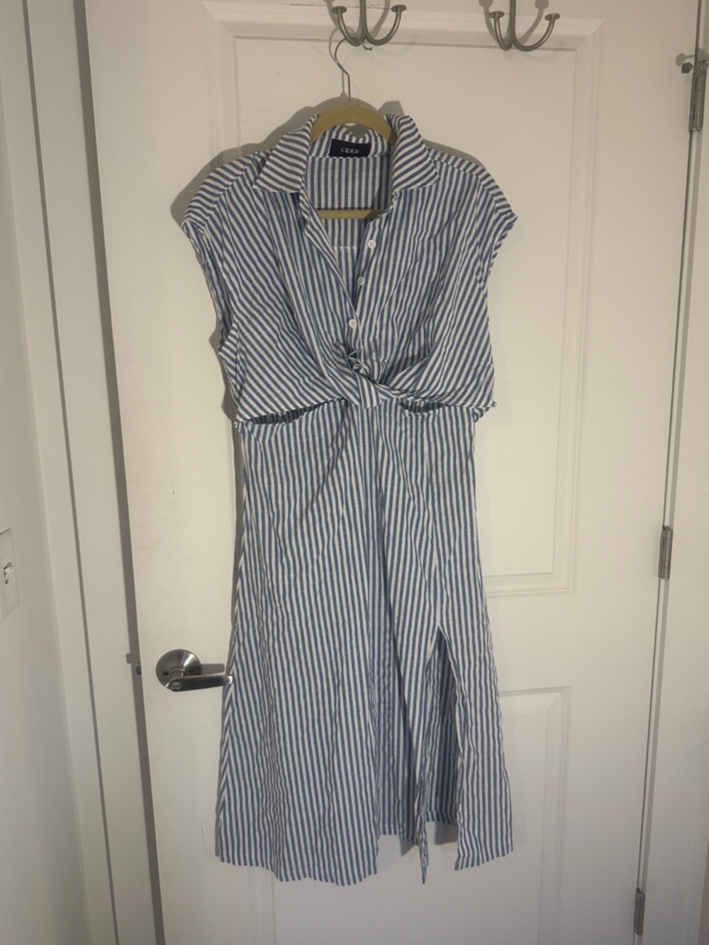 Cider Blue & White Striped Knot-Front Midi Dress